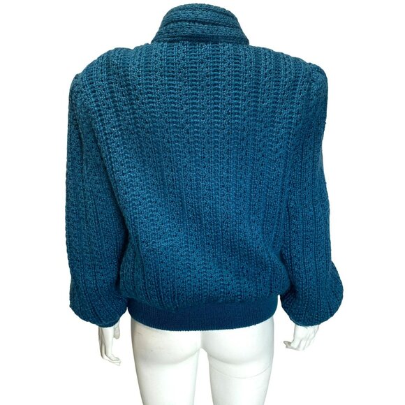 Vintage 70's Retro Knit Jacket Puff Sleeves Mock Neck Scoop Teal Blue Large - Picture 3 of 8